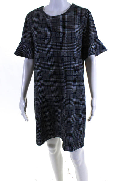 Calvin Klein Womens Back Zip Short Sleeve Glen Plaid Sheath Dress Blue Gray 8