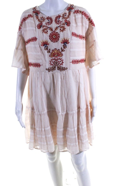Ranna Gill Womens Short Sleeve Floral Embroidered Striped Dress Pink Size Medium