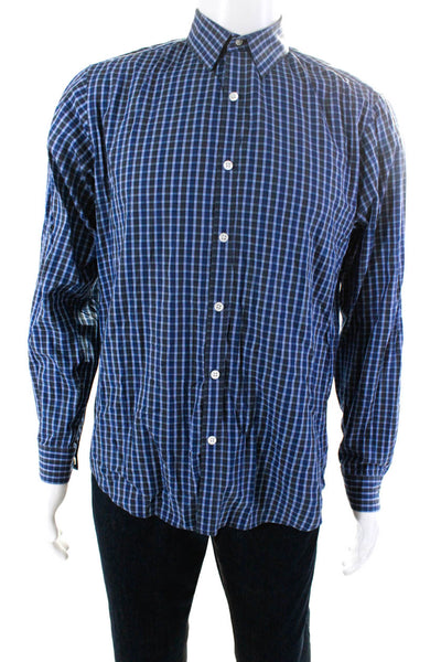 Theory Mens Blue Gray Checker Cotton Collar Long Sleeve Button Down Shirt Size S