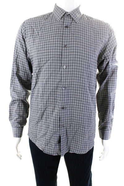 Theory Mens Gray Cotton Checker Collar Long Sleeve Button Down Shirt Size S