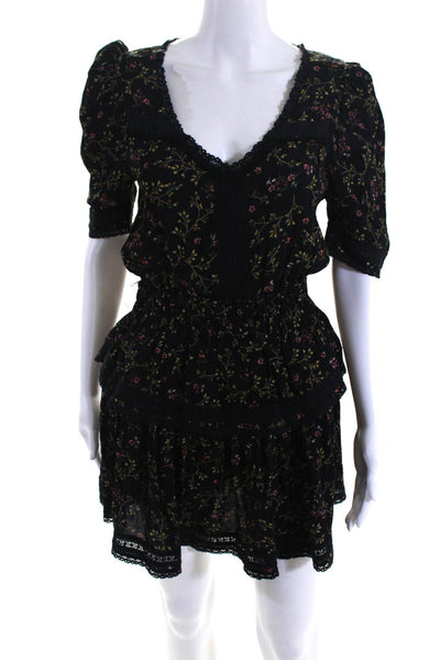 Olivaceous Womens Short Sleeve V Neck Lace Trim Tiered Floral Dress Black Small