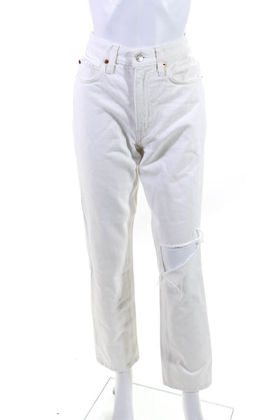 Re/Done Womens Denim High Rise Distressed Straight Leg Jeans Pants White Size 26