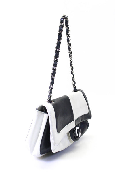 Chanel Womens Two Tone Leather Flap Over Chain Strap Shoulder Bag Black Handbag
