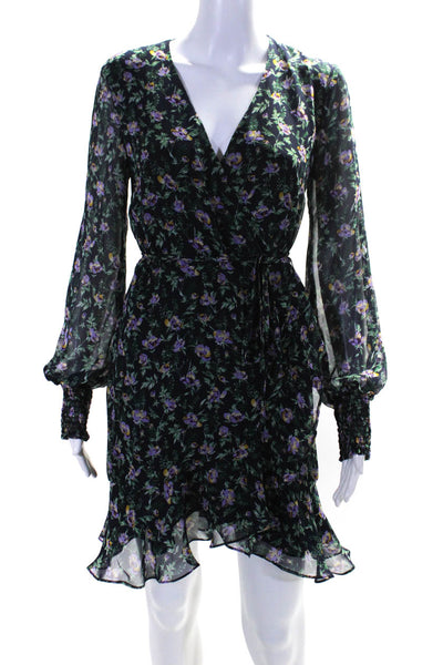 Bardot Womens Long Sleeve Floral Chiffon A Line Wrap Dress Navy Purple Size 8