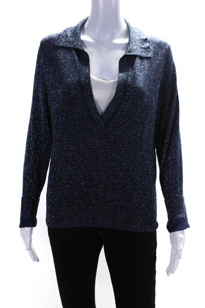 525 Womens Metallic Thin Knit Collared V Neck Sweater Navy Blue Size Medium