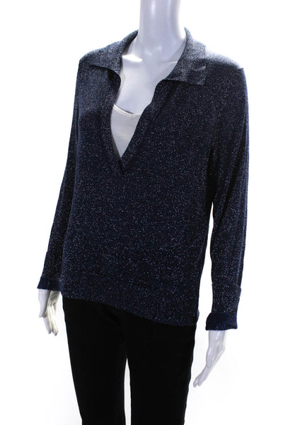 525 Womens Metallic Thin Knit Collared V Neck Sweater Navy Blue Size Medium