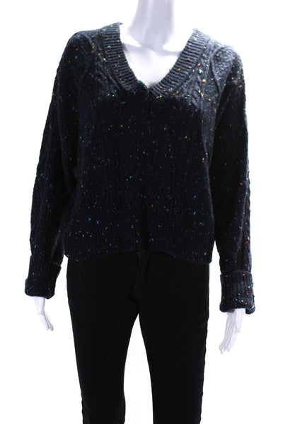 John + Jenn Womens Speckled V Neck Tie Back Sweater Navy Blue Size Small