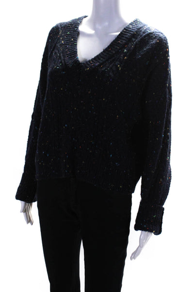 John + Jenn Womens Speckled V Neck Tie Back Sweater Navy Blue Size Small