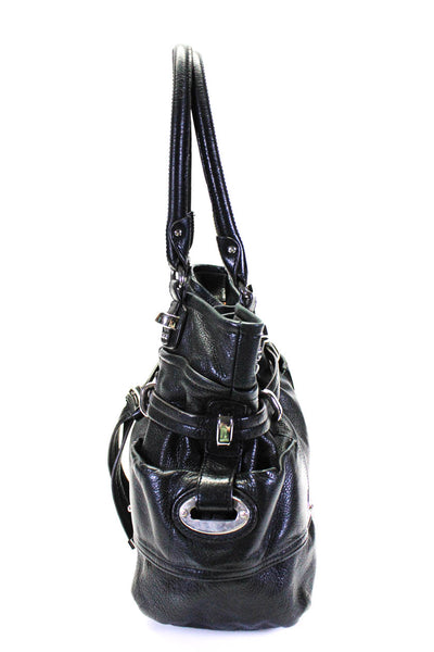 B Makowsky Womens Double Handle Belted Grain Leather Shoulder Handbag Black