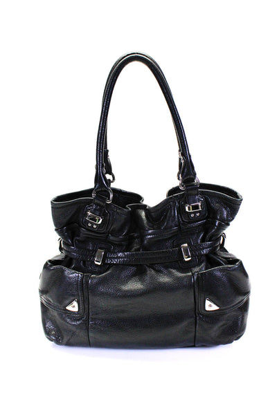 B Makowsky Womens Double Handle Belted Grain Leather Shoulder Handbag Black