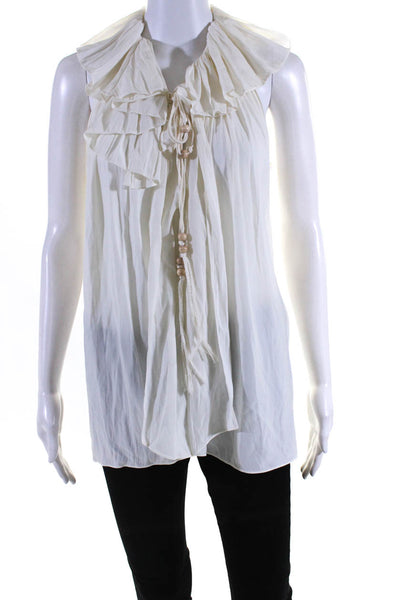 Lanvin Womens Ivory V-Neck Ruffle Sleeveless Tie Front Blouse Top Size 40