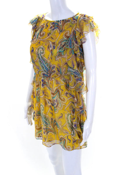 Tibi Womens Silk Chiffon Paisley Ruffled Sleeveless A-Line Dress Yellow Size 0