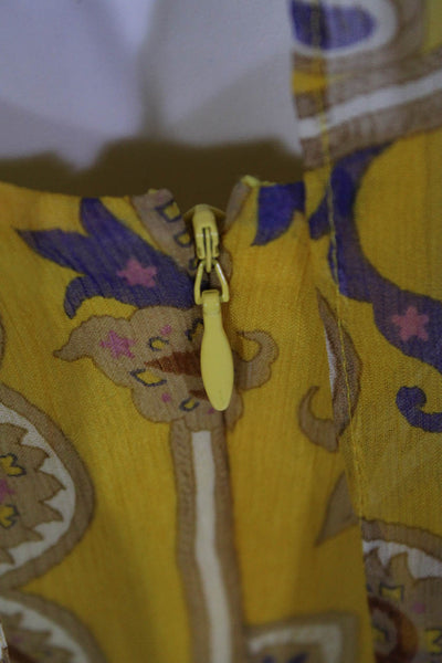 Tibi Womens Silk Chiffon Paisley Ruffled Sleeveless A-Line Dress Yellow Size 0