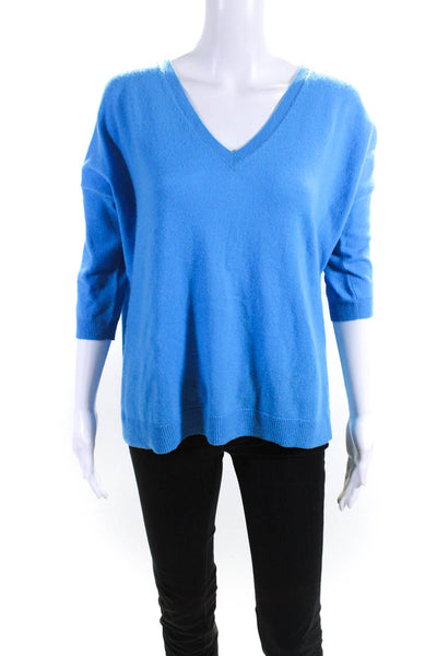 Autumn Cashmere Womens Knit Cashmere V-Neck Half Sleeve Sweater Top Blue Size M
