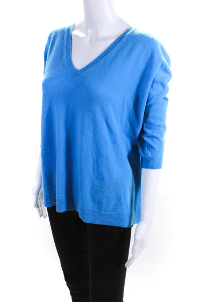 Autumn Cashmere Womens Knit Cashmere V-Neck Half Sleeve Sweater Top Blue Size M