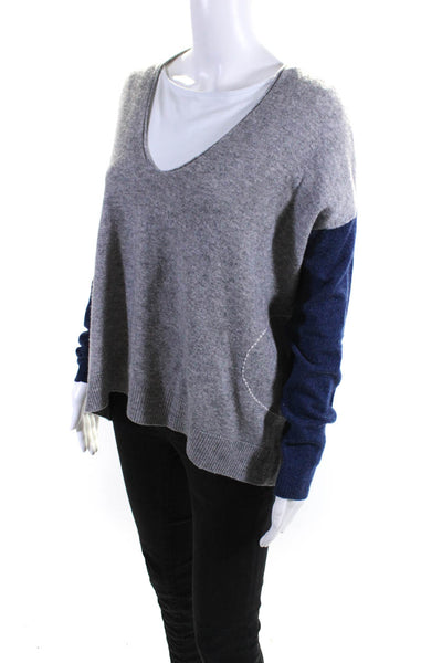 Label + Thread Womens Wool Knit Colorblock Print V-Neck Sweater Gray Blue Size L