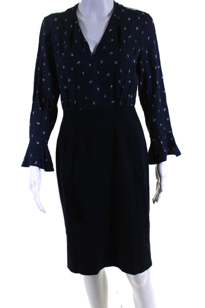 Rebecca Taylor Womens Long Sleeve Satin Jacquard V Neck Sheath Dress Navy Size 4