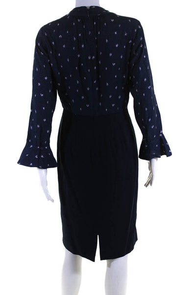 Rebecca Taylor Womens Long Sleeve Satin Jacquard V Neck Sheath Dress Navy Size 4