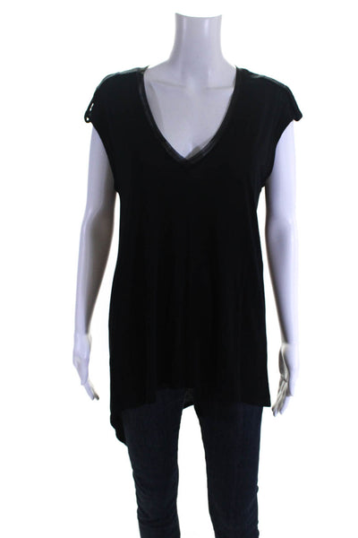 BCBG Max Azria Womens Short Sleeve Patchwork Mesh Round Neck Top Black Size M