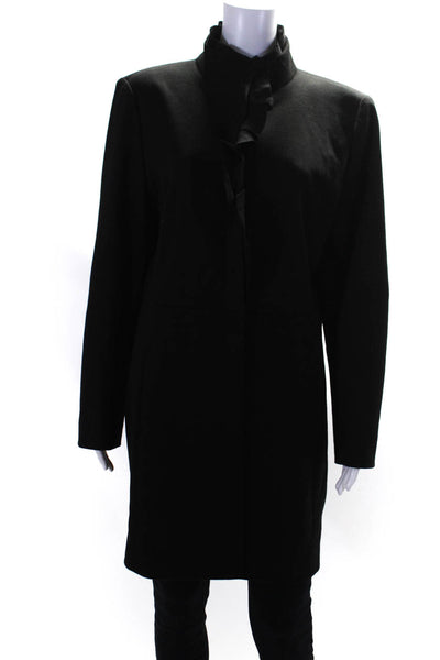 Tahari Womens Woven Mock Neck Long Sleeve Ruffled Lining Trench Coat Black SizeL