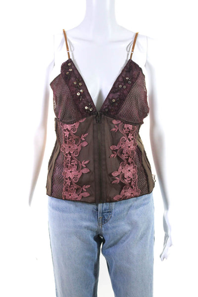 Hale Bob Womens Front Zip Open Knit Back Floral Embroidered Top Brown Size Large