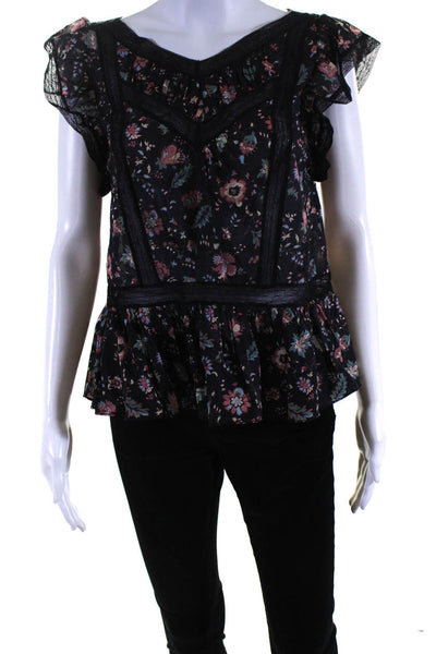 Rebecca Taylor Womens Lace Trim Floral Flutter Sleeve Top Blouse Black Small