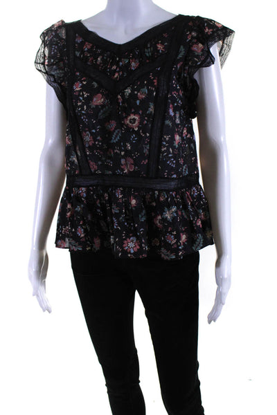 Rebecca Taylor Womens Lace Trim Floral Flutter Sleeve Top Blouse Black Small