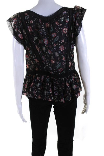 Rebecca Taylor Womens Lace Trim Floral Flutter Sleeve Top Blouse Black Small