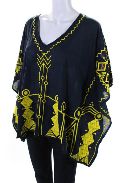 Figue Womens Cotton Embroidered Deep V-Neck Tunic Top Blouse Navy Blue Size S