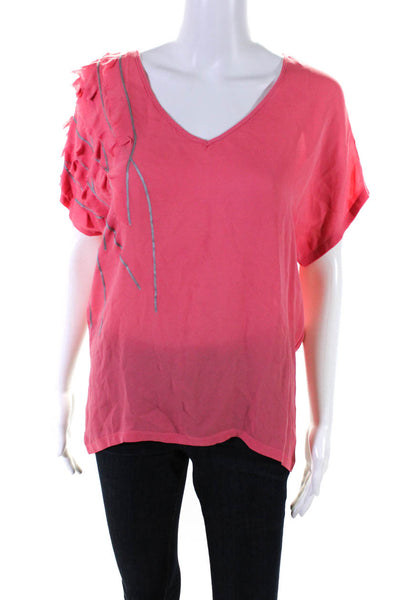 Sachin & Babi Womens Silk V-Neck Short Ruffled Fringed Sleeve Blouse Top Pink XS