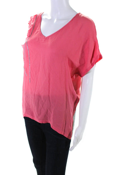 Sachin & Babi Womens Silk V-Neck Short Ruffled Fringed Sleeve Blouse Top Pink XS