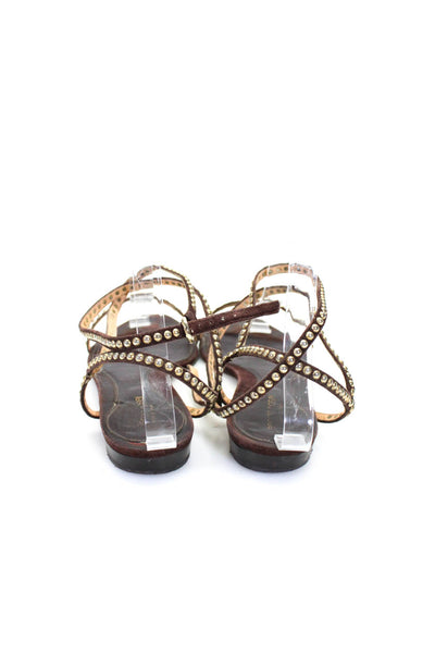 Sergio Rossi Womens Leather Studded Strappy Flats Sandals Brown Size 37 7
