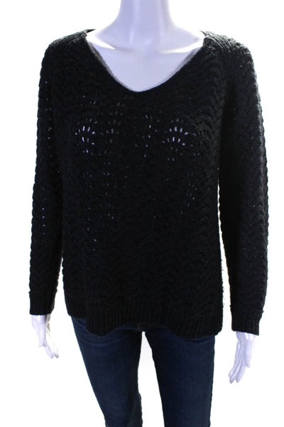 Joie Women's V-Neck Long Sleeves Open Knit Pullover Sweater Black Size S