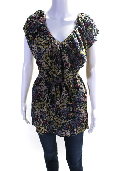 Rebecca Taylor Women's Round Neck Ruffle Tie Waist Floral Blouse Size 2