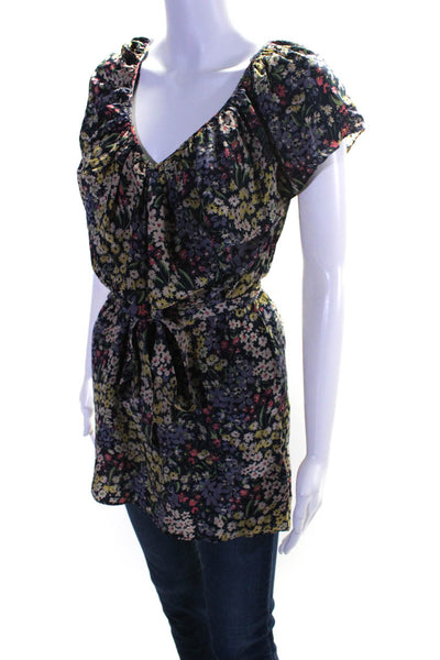 Rebecca Taylor Women's Round Neck Ruffle Tie Waist Floral Blouse Size 2