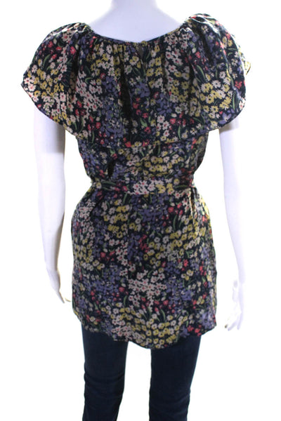 Rebecca Taylor Women's Round Neck Ruffle Tie Waist Floral Blouse Size 2