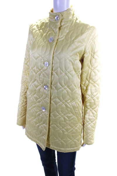 Eleanor Duffy Womens Quilted High Neck Button Up Satin Jacket Yellow Size 6
