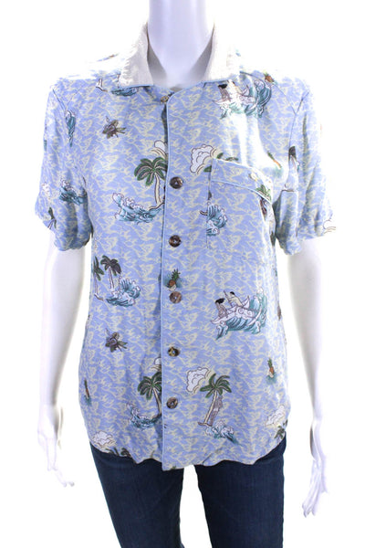 Tombolo Womens Tropical Print Seersucker Collar Button Up Shirt Blue Size XS