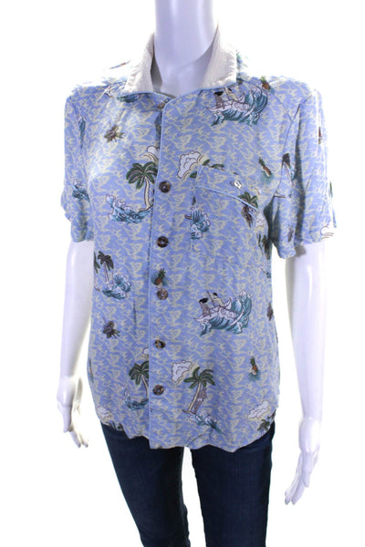 Tombolo Womens Tropical Print Seersucker Collar Button Up Shirt Blue Size XS