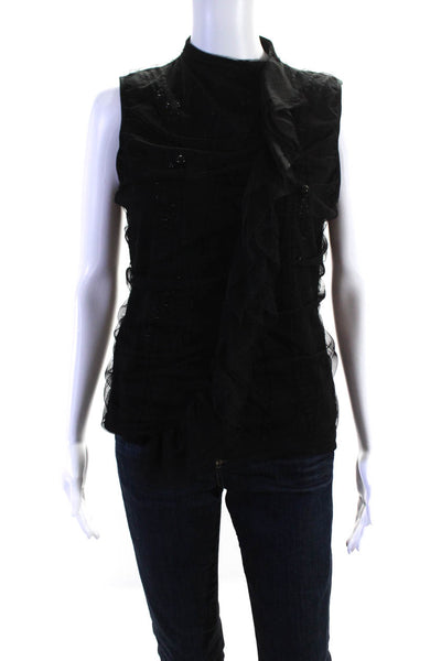 Teri Jon Sportswear Women's Sleeveless Beaded Ruffle Mesh Blouse Black Size L