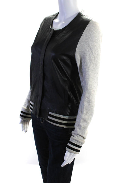 Townsen Womens Crew Neck Striped Trim Leather Knit Jacket Black Gray Size Small