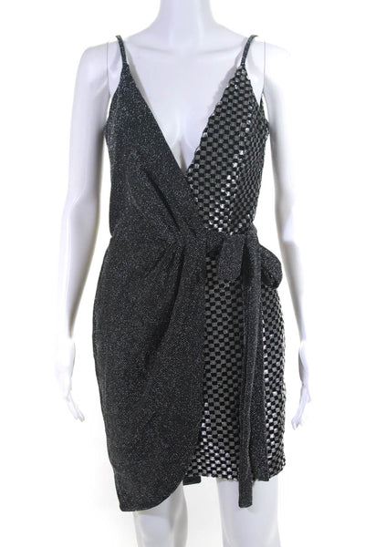 PatBO Womens Checker Draped Spaghetti Strap Mini Dress Black Silver Tone Size 4