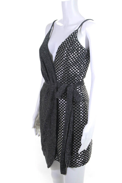 PatBO Womens Checker Draped Spaghetti Strap Mini Dress Black Silver Tone Size 4