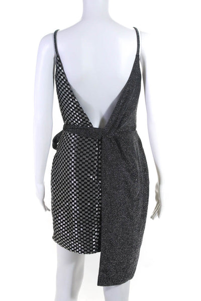 PatBO Womens Checker Draped Spaghetti Strap Mini Dress Black Silver Tone Size 4