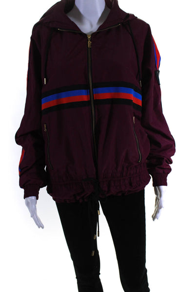 PE Nation Womens Striped Mesh Lined Zipped Hooded Windbreaker Jacket Red Size S
