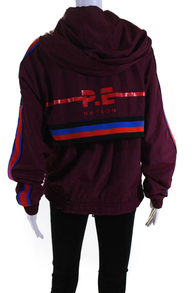 PE Nation Womens Striped Mesh Lined Zipped Hooded Windbreaker Jacket Red Size S