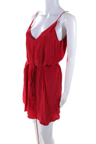 Rory Beca Women's Silk V-Neck Tie Waist Spaghetti Strap Slip Dress Red Size S