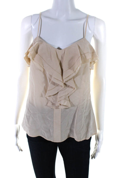 Trina Turk Women's Silk Ruffle Trim Spaghetti Strap V-Neck Blouse Beige Size S