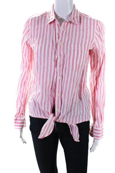 J Crew Women's Linen Striped Long Sleeve Button Down Blouse Pink Size 2