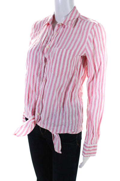 J Crew Women's Linen Striped Long Sleeve Button Down Blouse Pink Size 2